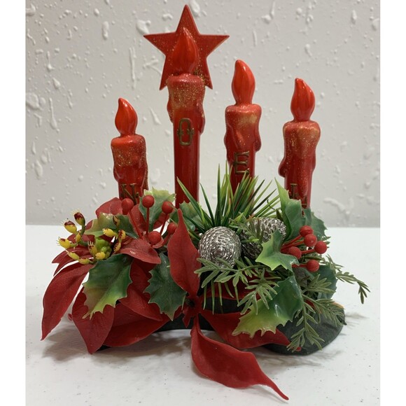 Other - Vintage Plastic Xmas Centerpiece Glittered Drip Candles Poinsettia Greenery